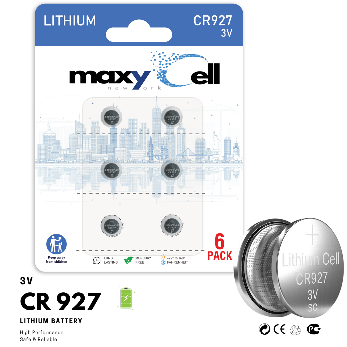 MaxyCell CR927 Lithium Coin Cell Battery 3V Long-Lasting Reliable Power for Watches, Key Fobs, Calculators, Thermometer - Leak-Proof Design, Long Shelf Life DL927 CX927 ECR927 GR927 BR927