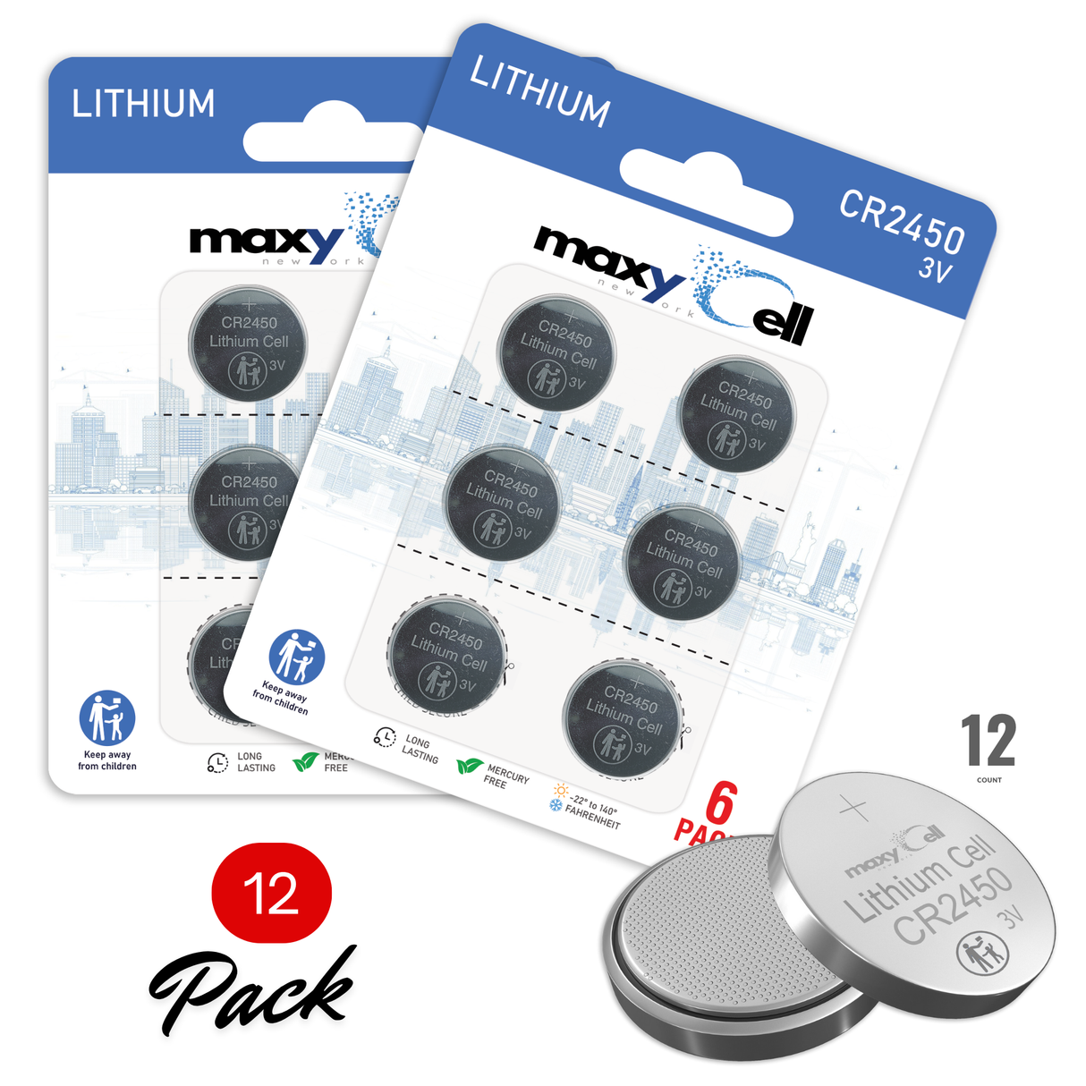 MaxyCell 2450 CR2450 Lithium Coin Cell Battery 3V High-Capacity Long-Lasting Reliable Power for Watches, Key Fobs, Fitness Trackers, Medical Devices, Thermometers, Leak-Proof Design DL2450