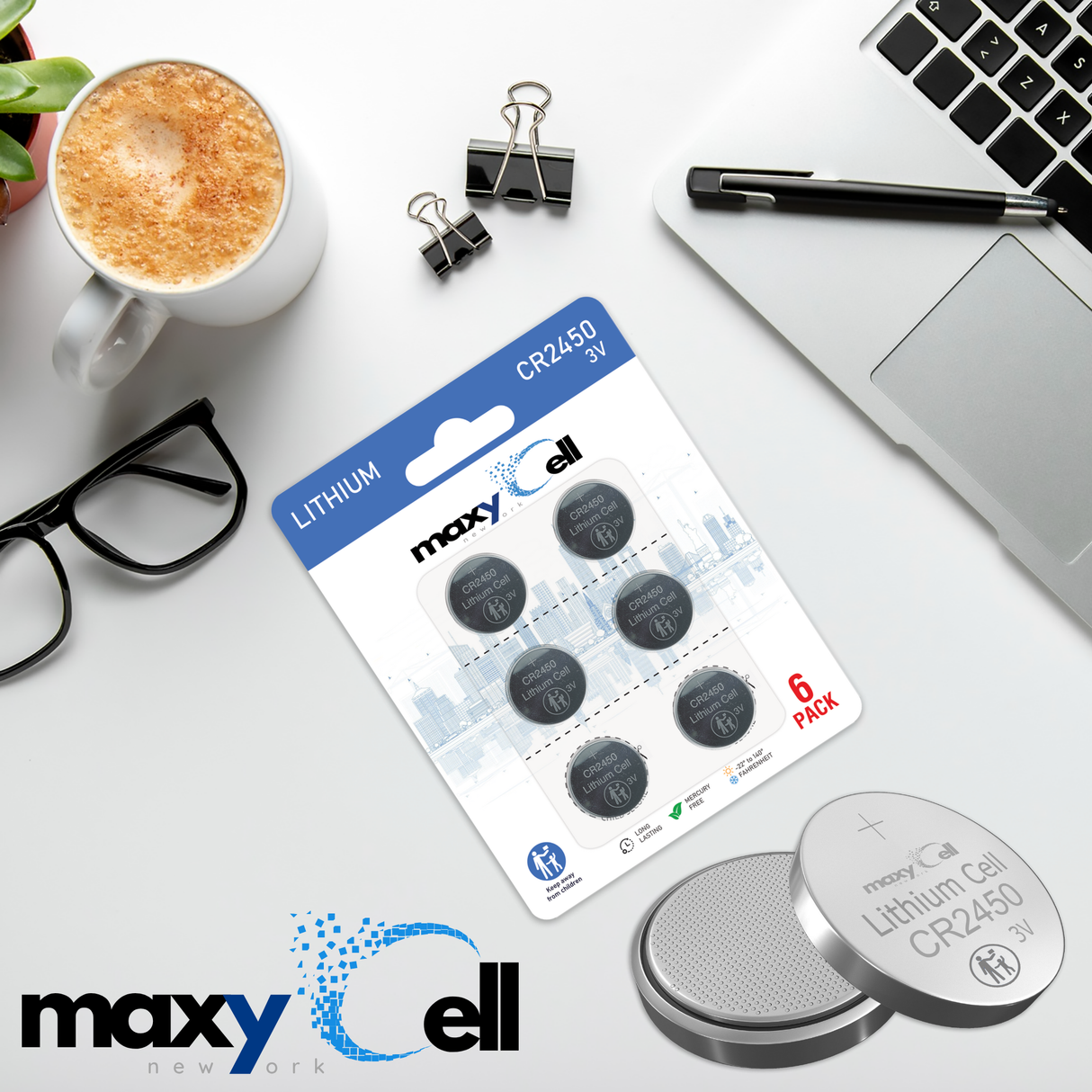 MaxyCell 2450 CR2450 Lithium Coin Cell Battery 3V High-Capacity Long-Lasting Reliable Power for Watches, Key Fobs, Fitness Trackers, Medical Devices, Thermometers, Leak-Proof Design DL2450