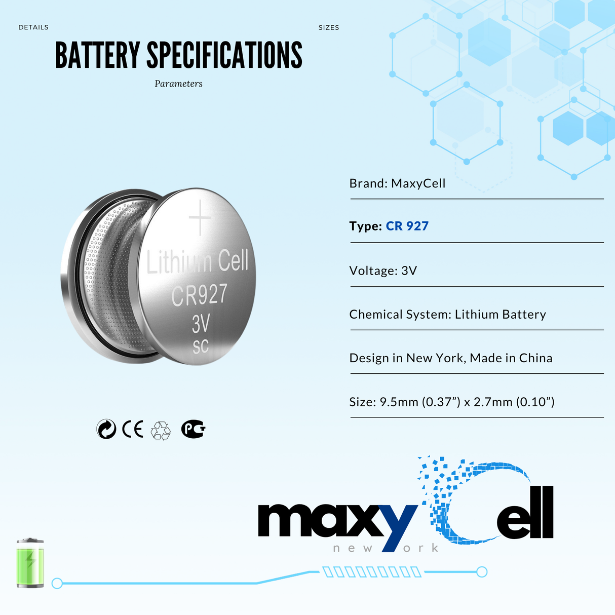 MaxyCell CR927 Lithium Coin Cell Battery 3V Long-Lasting Reliable Power for Watches, Key Fobs, Calculators, Thermometer - Leak-Proof Design, Long Shelf Life DL927 CX927 ECR927 GR927 BR927