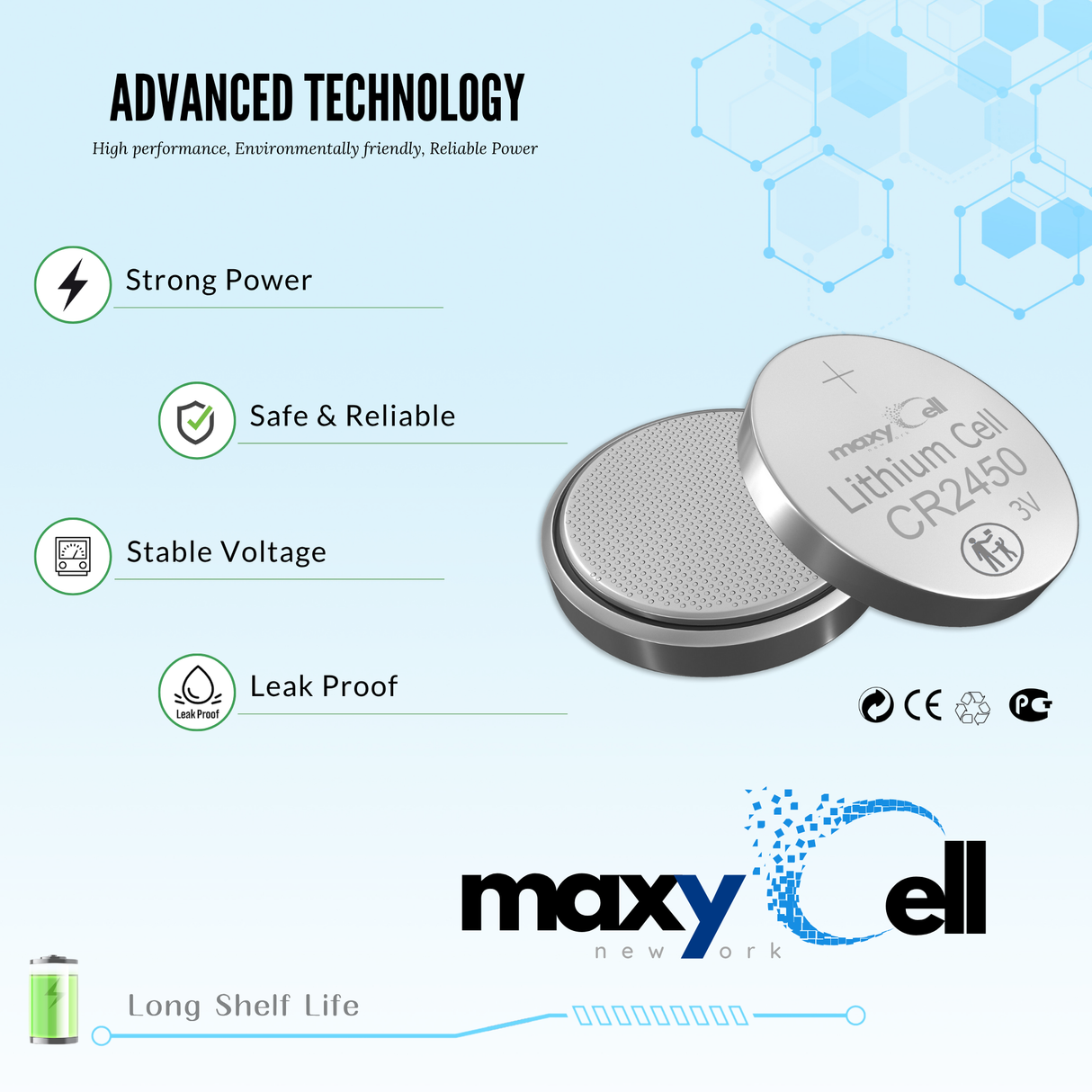 MaxyCell 2450 CR2450 Lithium Coin Cell Battery 3V High-Capacity Long-Lasting Reliable Power for Watches, Key Fobs, Fitness Trackers, Medical Devices, Thermometers, Leak-Proof Design DL2450