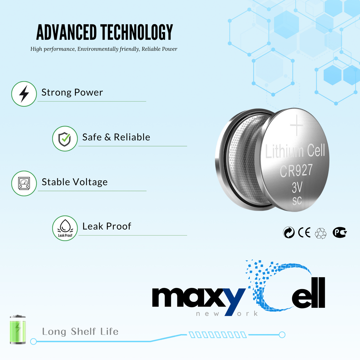MaxyCell CR927 Lithium Coin Cell Battery 3V Long-Lasting Reliable Power for Watches, Key Fobs, Calculators, Thermometer - Leak-Proof Design, Long Shelf Life DL927 CX927 ECR927 GR927 BR927