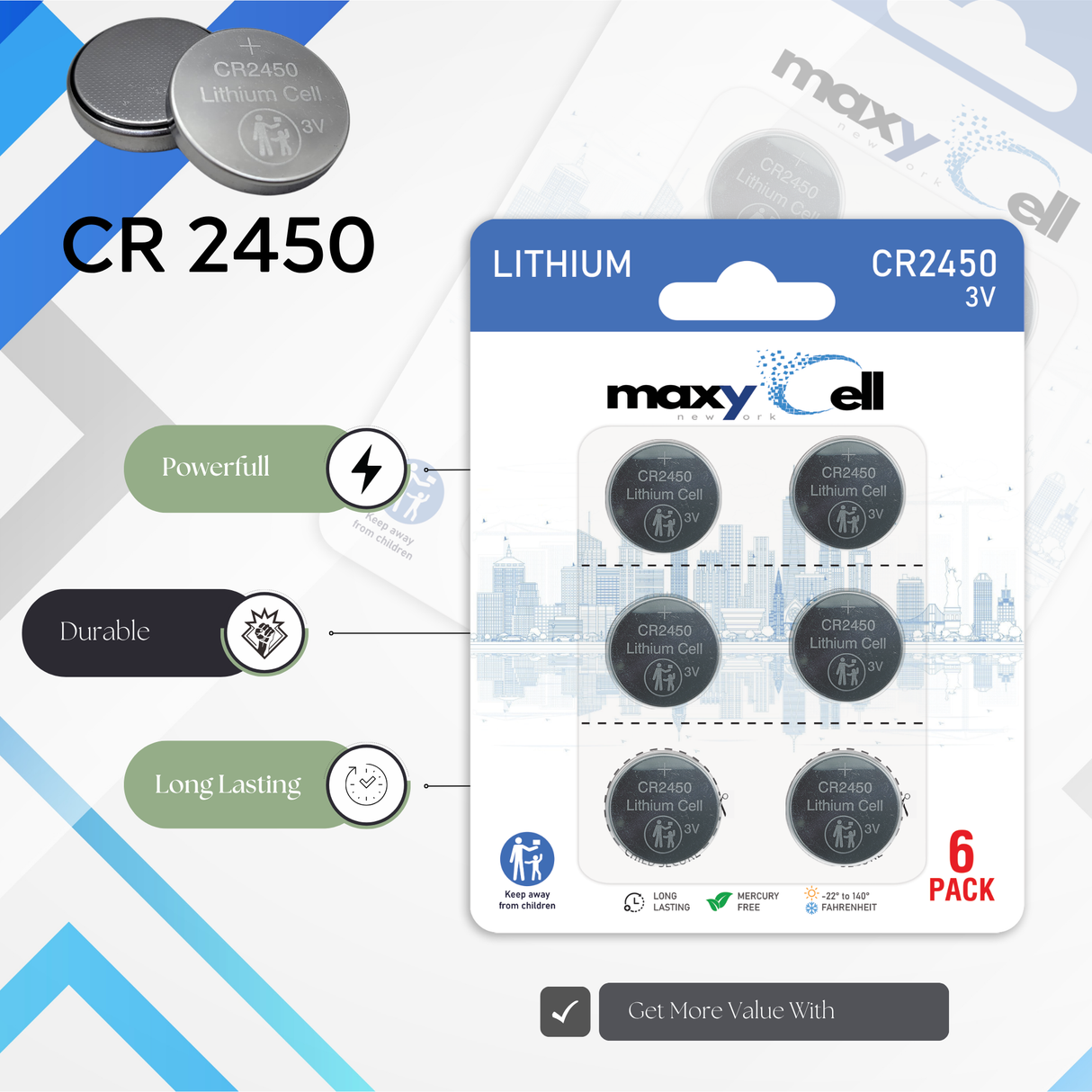 MaxyCell 2450 CR2450 Lithium Coin Cell Battery 3V High-Capacity Long-Lasting Reliable Power for Watches, Key Fobs, Fitness Trackers, Medical Devices, Thermometers, Leak-Proof Design DL2450