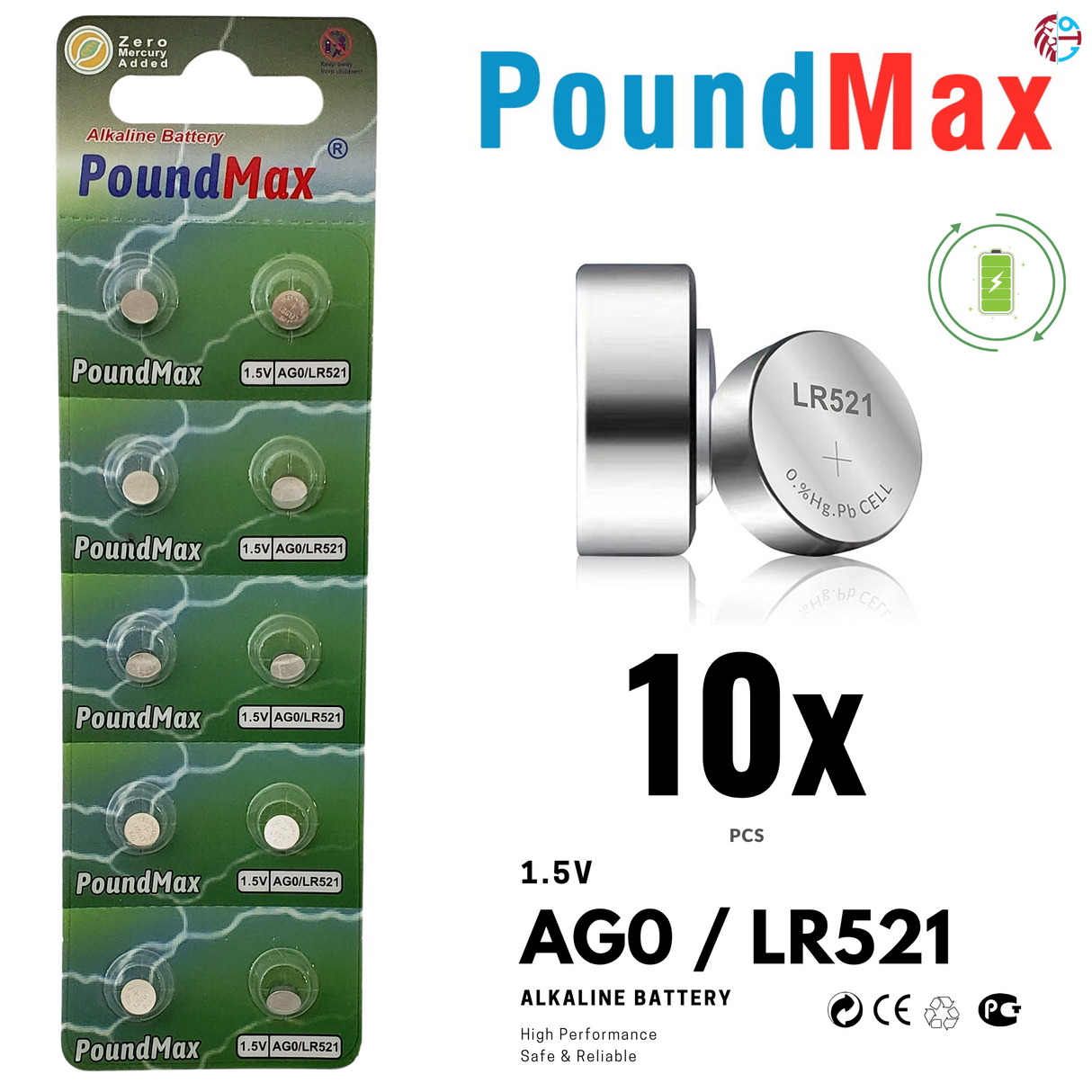 PoundMax AG0 LR521 Batteries 1.5v Alkaline Button Cell Battery