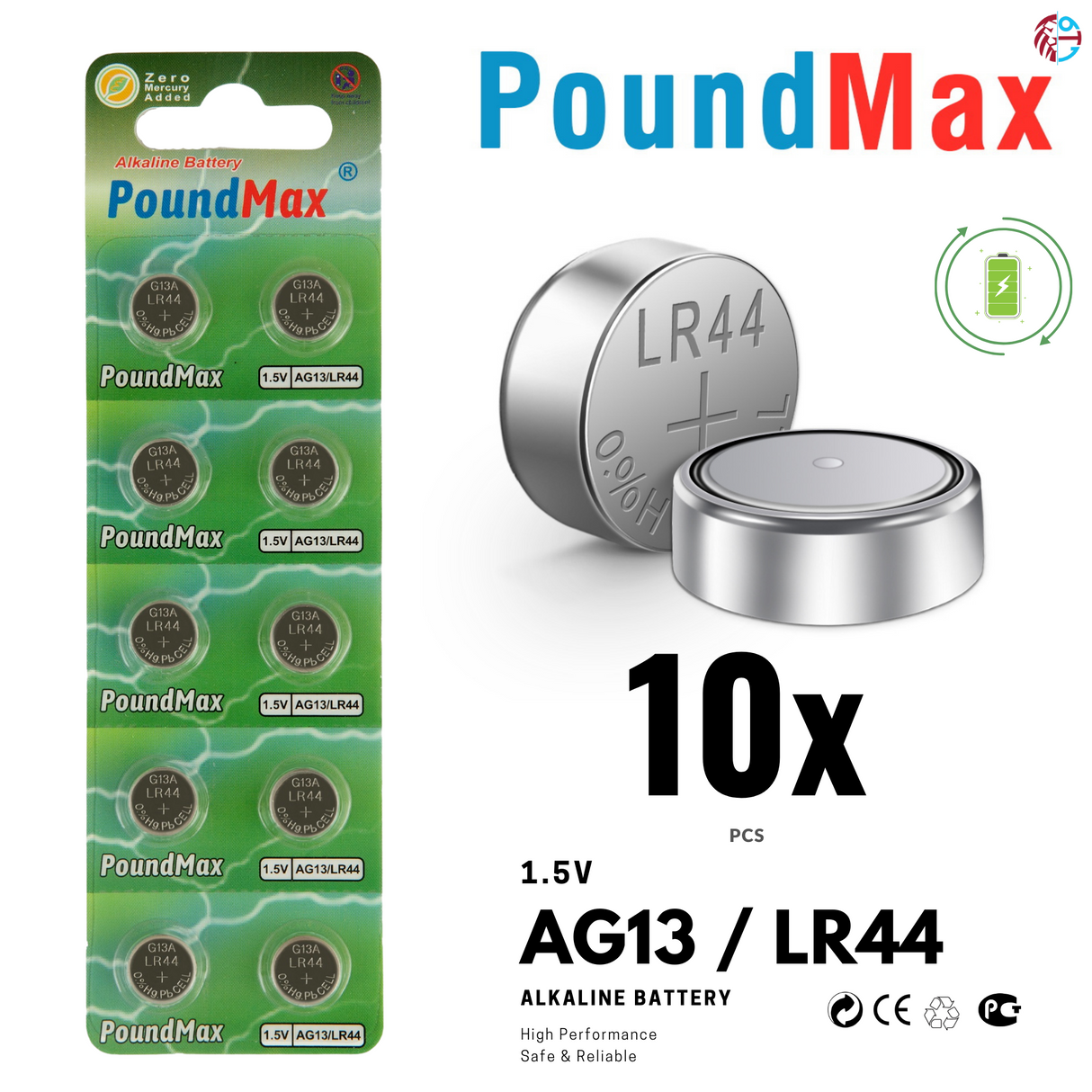PoundMax AG13 LR44 Batteries 1.5v Alkaline Button Battery Combo Pack - 10 Count
