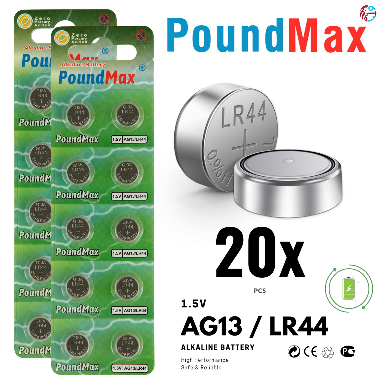 PoundMax AG13 LR44 Batteries 1.5v Alkaline Button Battery Combo Pack - 10 Count