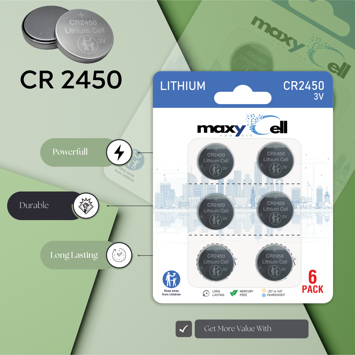 MaxyCell 2450 CR2450 Lithium Coin Cell Battery 3V High-Capacity Long-Lasting Reliable Power for Watches, Key Fobs, Fitness Trackers, Medical Devices, Thermometers, Leak-Proof Design DL2450