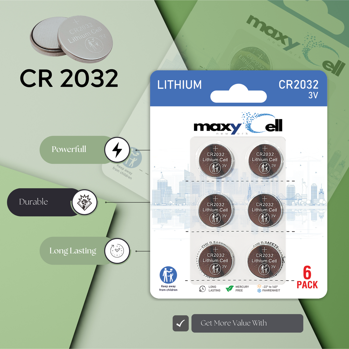 MaxyCell CR2032 Lithium Coin Cell Battery 3V - Long-Lasting, Reliable Power for Watches, Key Fobs, Fitness Trackers, Remotes & Compatible with AirTag - Leak-Proof Design