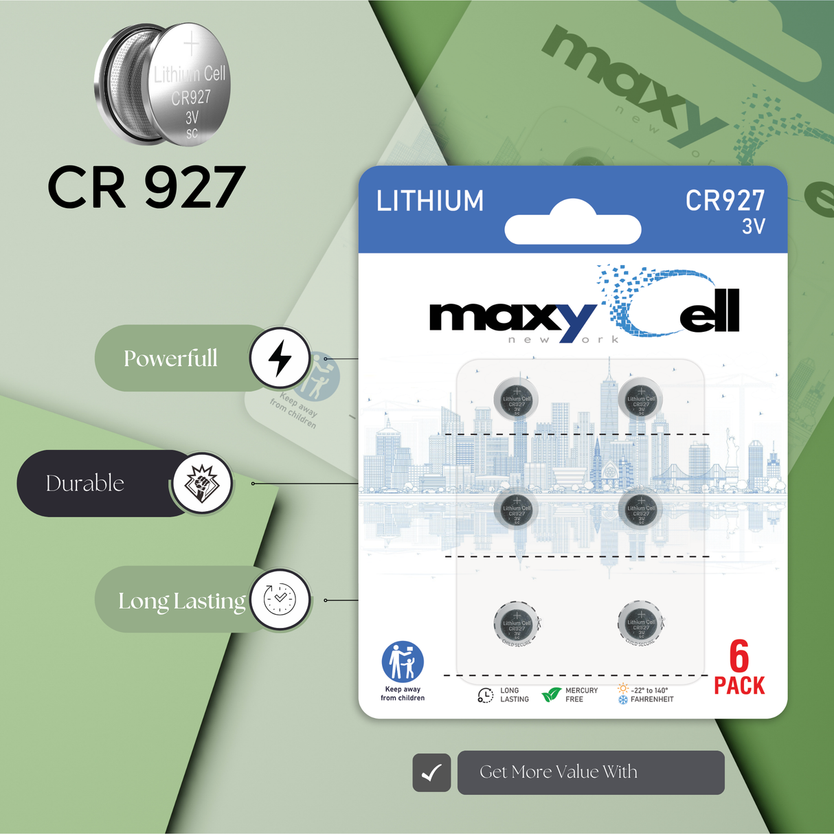 MaxyCell CR927 Lithium Coin Cell Battery 3V Long-Lasting Reliable Power for Watches, Key Fobs, Calculators, Thermometer - Leak-Proof Design, Long Shelf Life DL927 CX927 ECR927 GR927 BR927