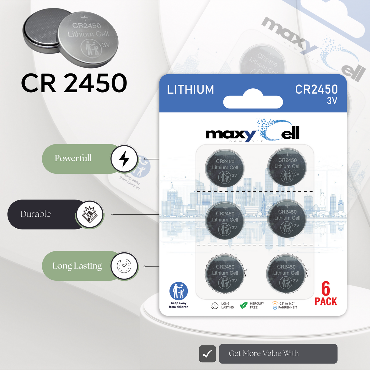 MaxyCell 2450 CR2450 Lithium Coin Cell Battery 3V High-Capacity Long-Lasting Reliable Power for Watches, Key Fobs, Fitness Trackers, Medical Devices, Thermometers, Leak-Proof Design DL2450