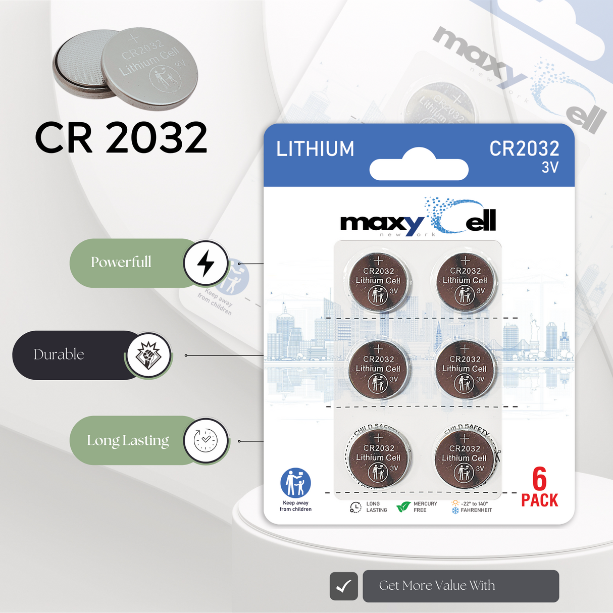 MaxyCell CR2032 Lithium Coin Cell Battery 3V - Long-Lasting, Reliable Power for Watches, Key Fobs, Fitness Trackers, Remotes & Compatible with AirTag - Leak-Proof Design
