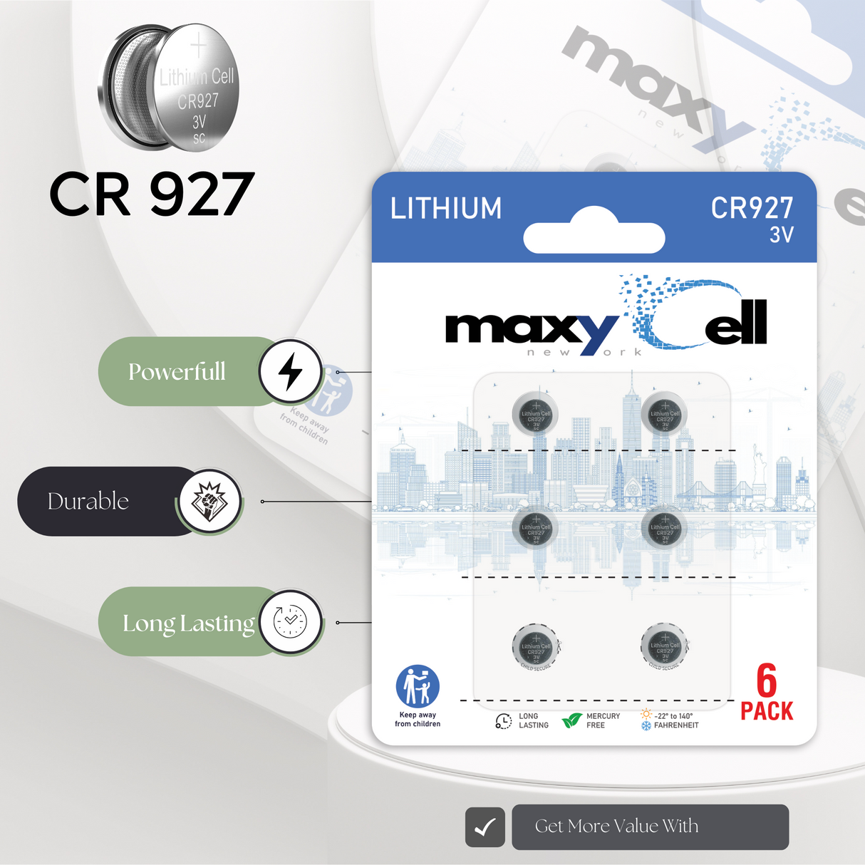 MaxyCell CR927 Lithium Coin Cell Battery 3V Long-Lasting Reliable Power for Watches, Key Fobs, Calculators, Thermometer - Leak-Proof Design, Long Shelf Life DL927 CX927 ECR927 GR927 BR927