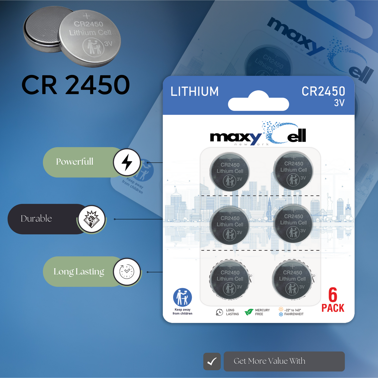 MaxyCell 2450 CR2450 Lithium Coin Cell Battery 3V High-Capacity Long-Lasting Reliable Power for Watches, Key Fobs, Fitness Trackers, Medical Devices, Thermometers, Leak-Proof Design DL2450