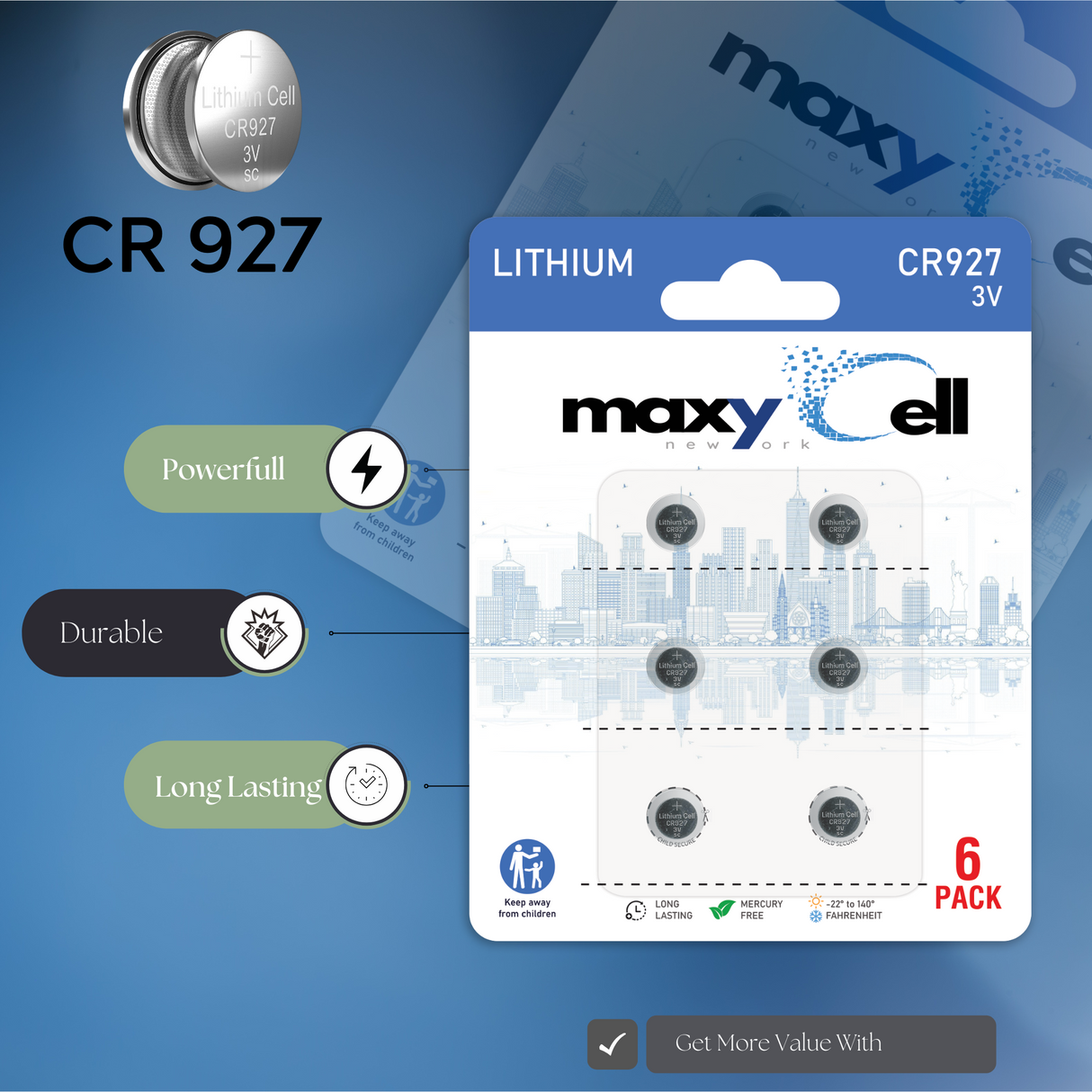MaxyCell CR927 Lithium Coin Cell Battery 3V Long-Lasting Reliable Power for Watches, Key Fobs, Calculators, Thermometer - Leak-Proof Design, Long Shelf Life DL927 CX927 ECR927 GR927 BR927