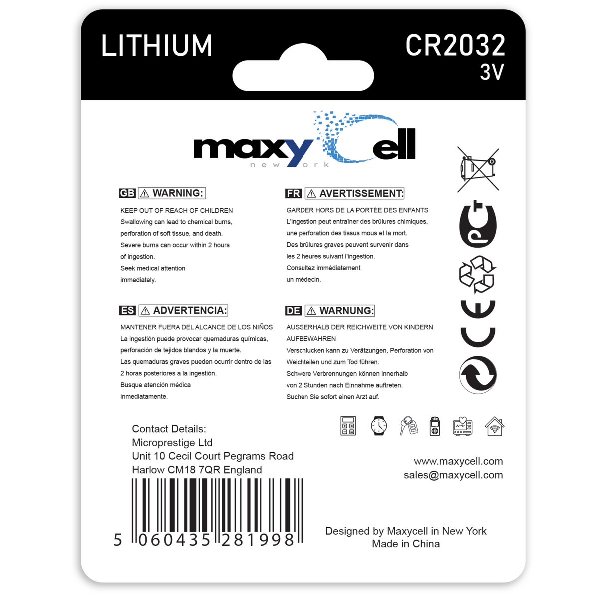 MaxyCell CR2032 Lithium Coin Cell Battery 3V - Long-Lasting, Reliable Power for Watches, Key Fobs, Fitness Trackers, Remotes & Compatible with AirTag - Leak-Proof Design