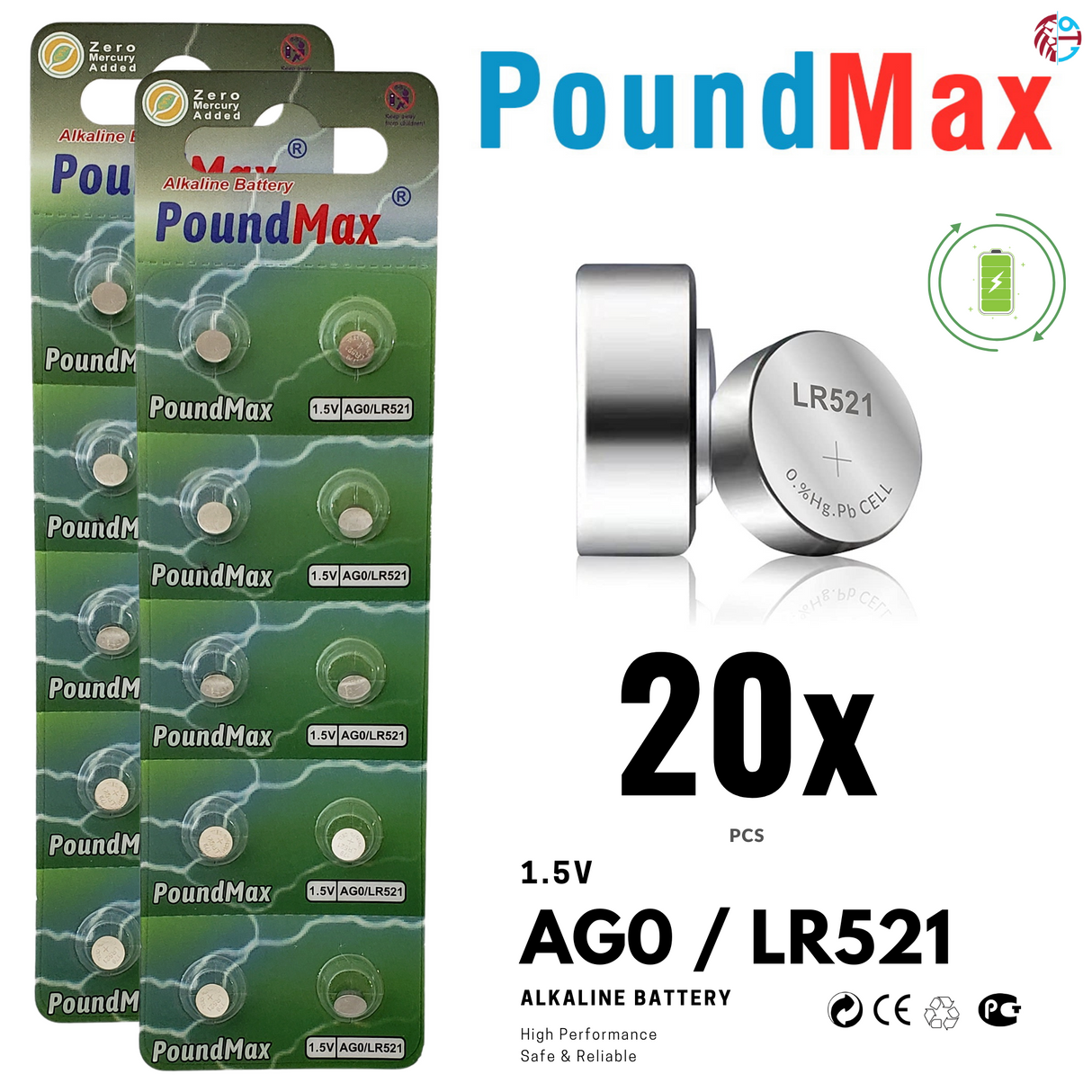 PoundMax AG0 LR521 Batteries 1.5v Alkaline Button Cell Battery