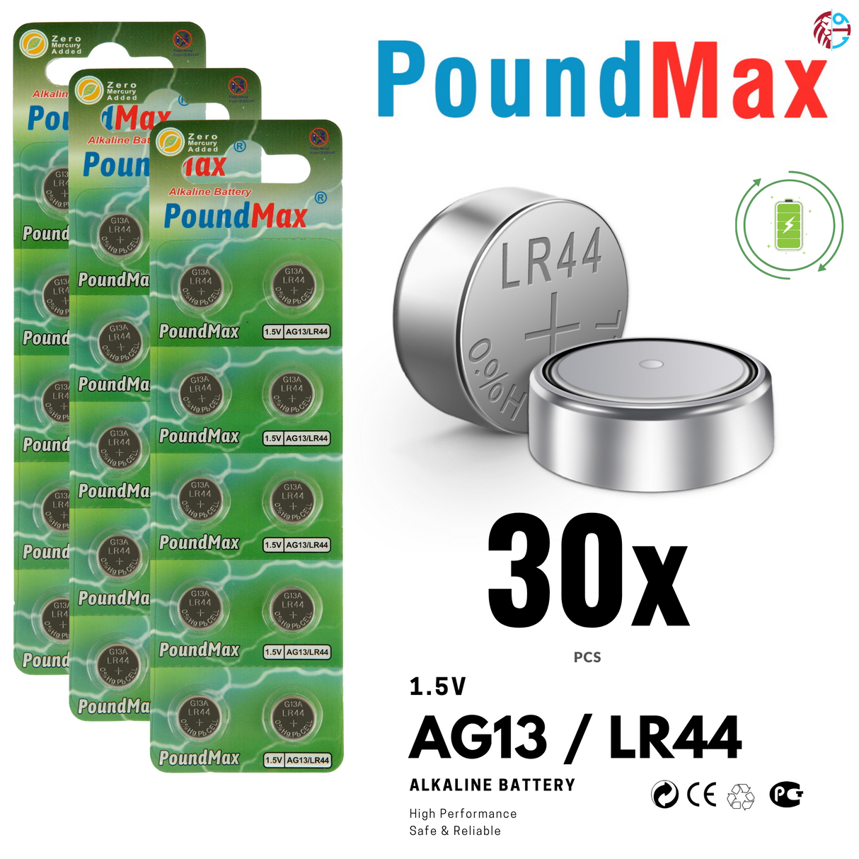 PoundMax AG13 LR44 Batteries 1.5v Alkaline Button Battery Combo Pack - 10 Count
