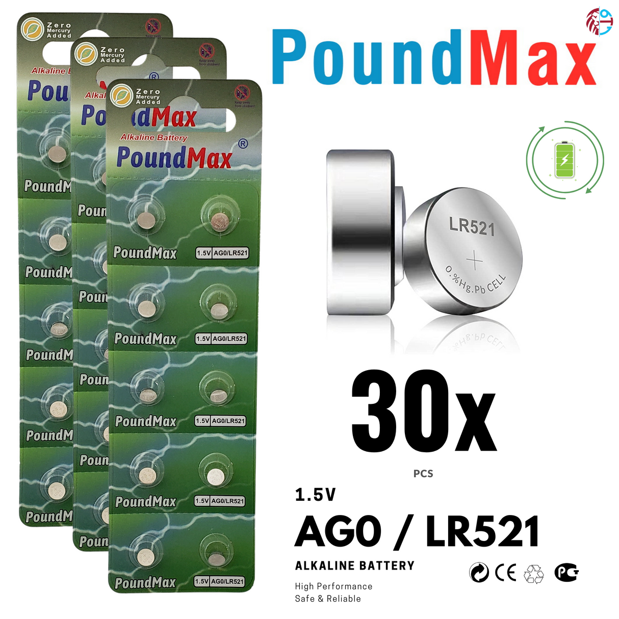 PoundMax AG0 LR521 Batteries 1.5v Alkaline Button Cell Battery