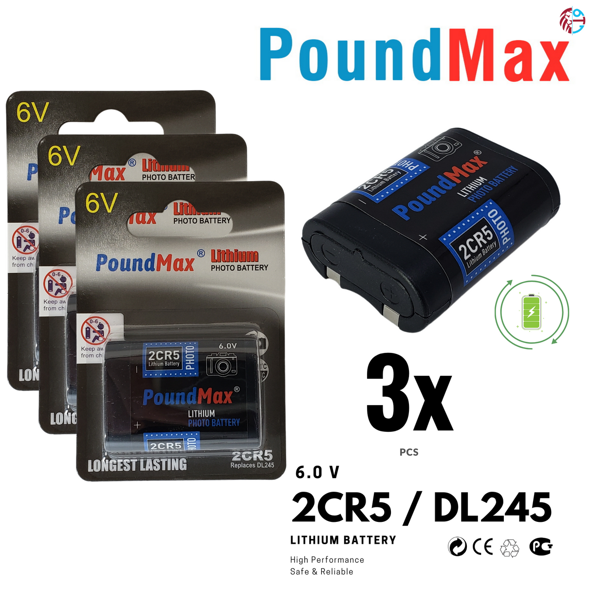 PoundMax 2CR5 / DL245 Batteries 6v Photo Lithium Battery