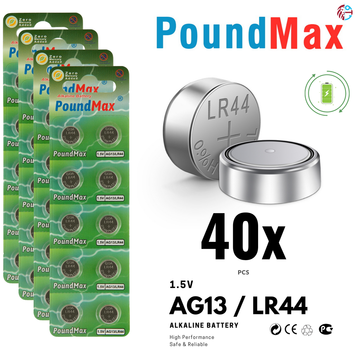 PoundMax AG13 LR44 Batteries 1.5v Alkaline Button Battery Combo Pack - 10 Count