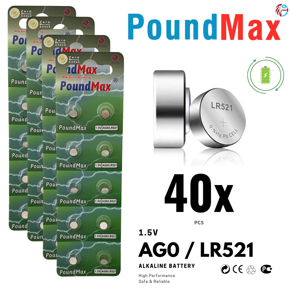 PoundMax AG0 LR521 Batteries 1.5v Alkaline Button Cell Battery
