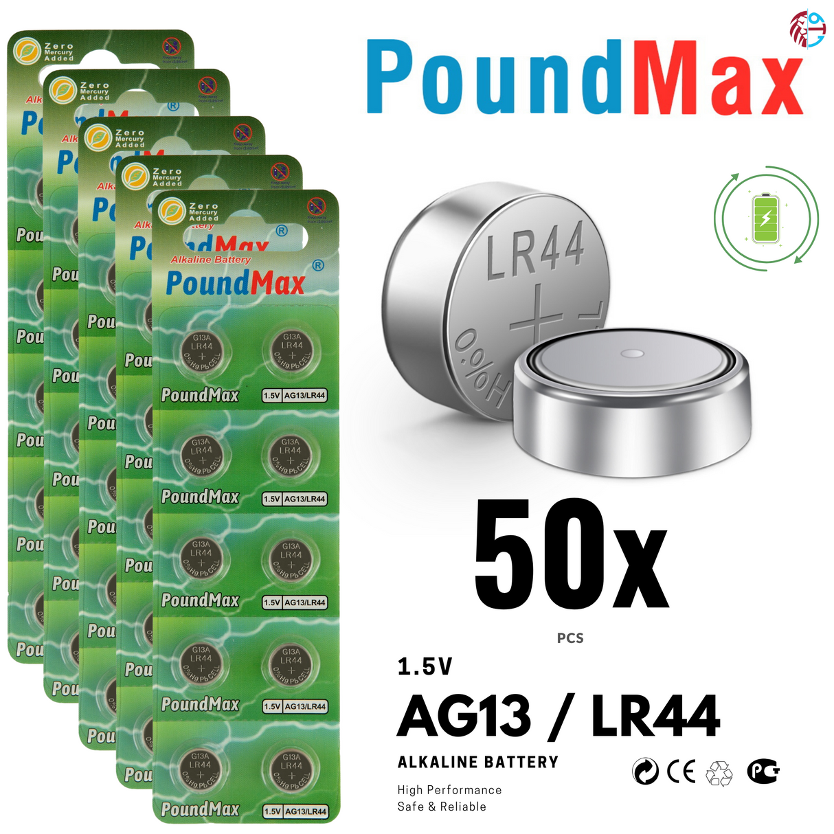 PoundMax AG13 LR44 Batteries 1.5v Alkaline Button Battery Combo Pack - 10 Count