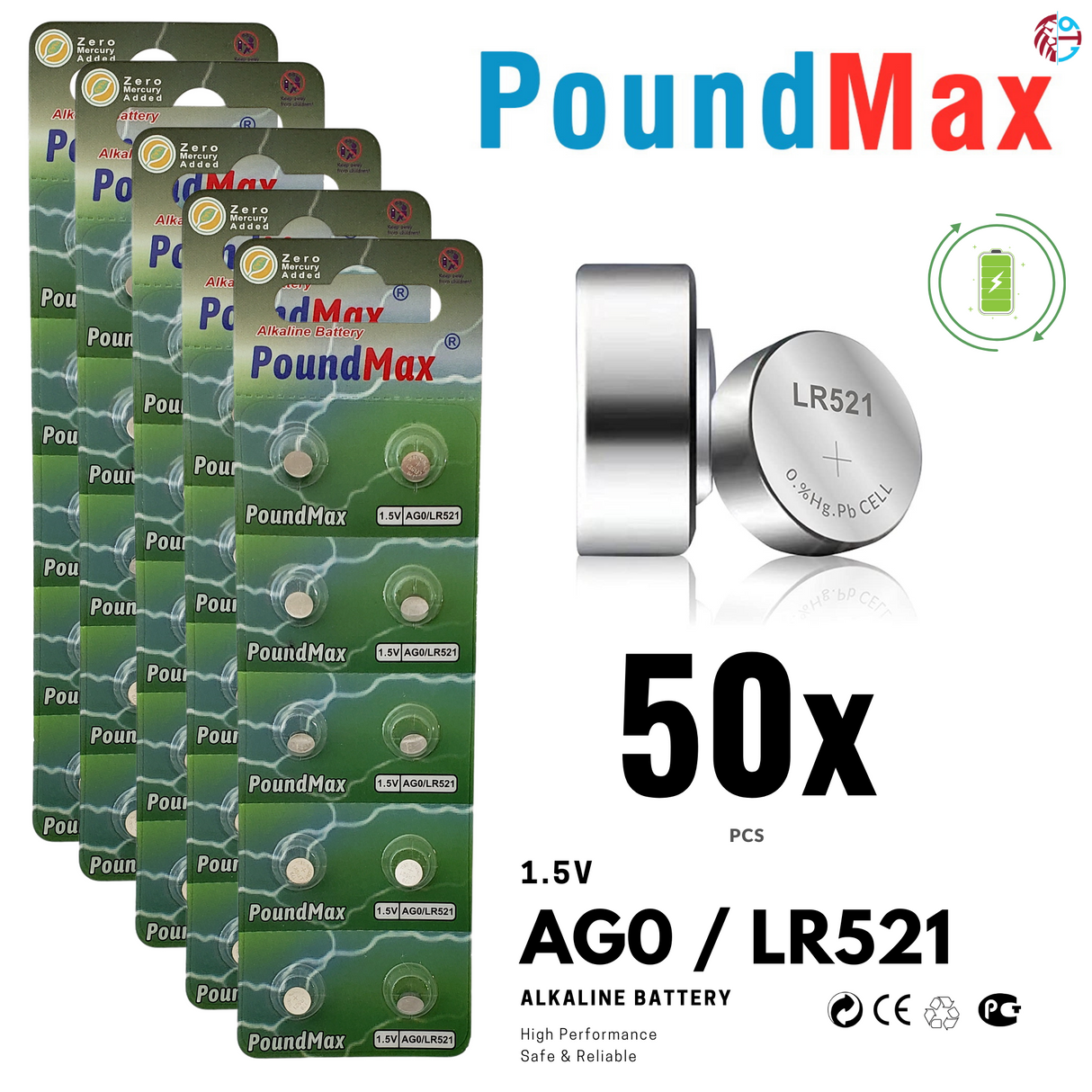 PoundMax AG0 LR521 Batteries 1.5v Alkaline Button Cell Battery