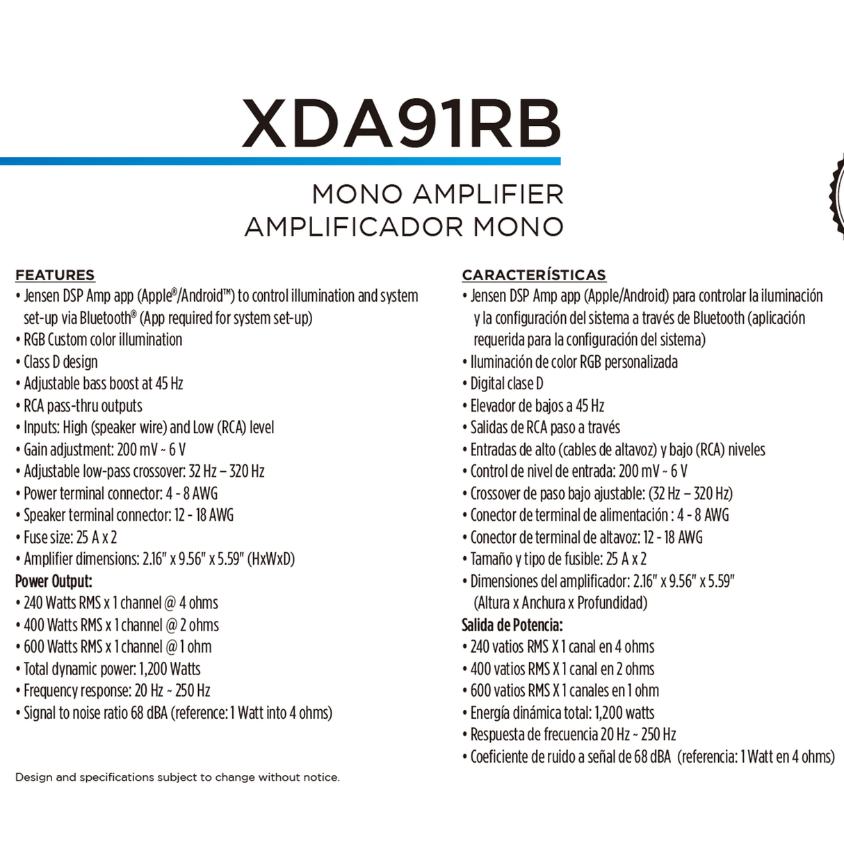 Jensen XDA91RB Class D Mono 1,200 Watts of Total Dynamic Power Amplifier™