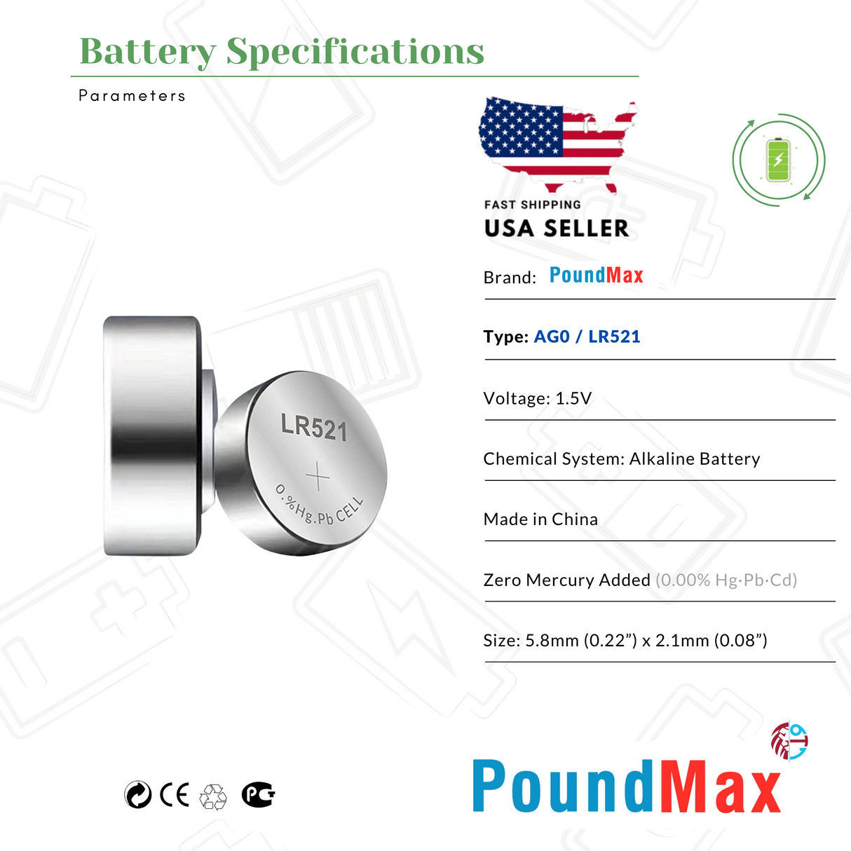 PoundMax AG0 LR521 Batteries 1.5v Alkaline Button Cell Battery