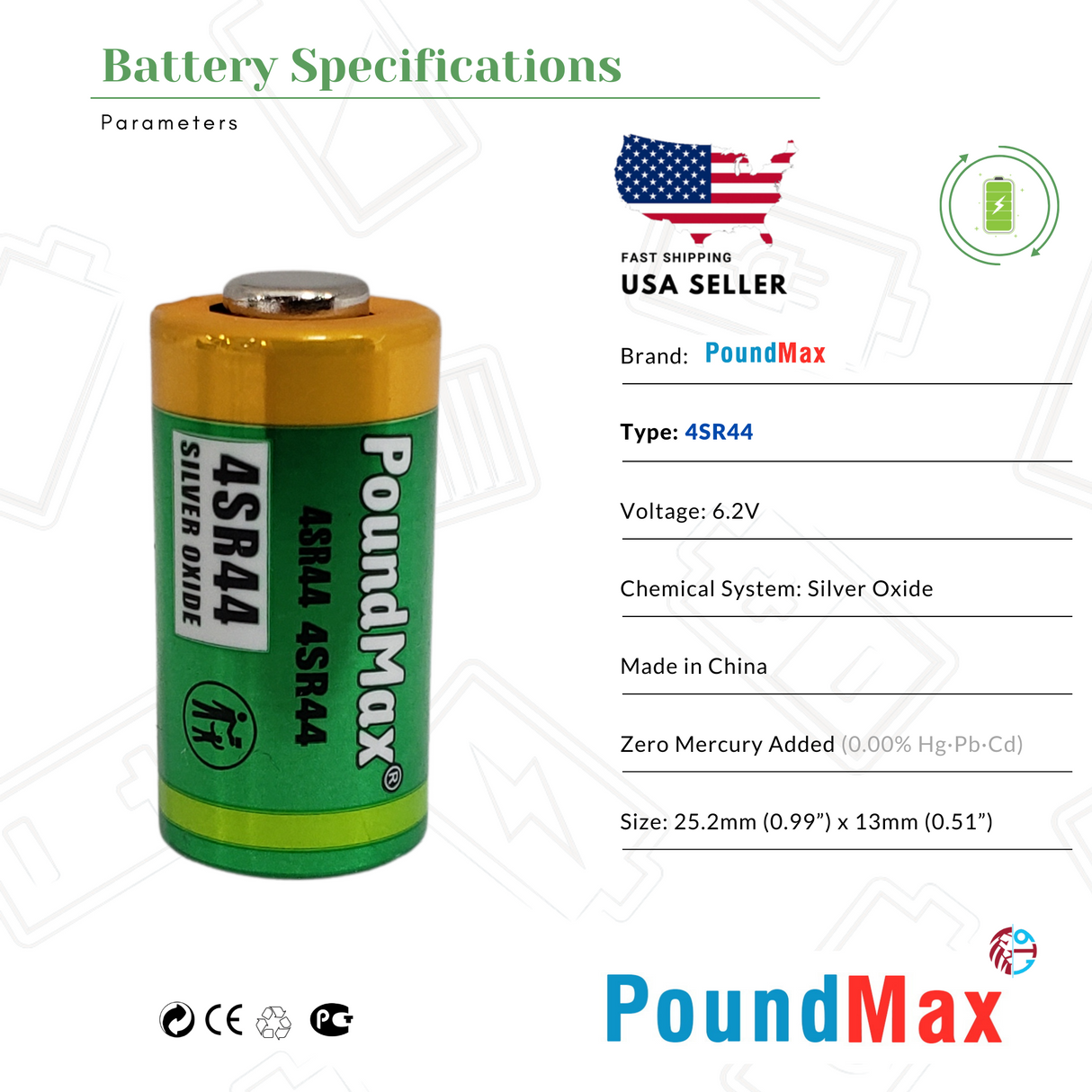 PoundMax 4SR44 Batteries 6.2v Silver Oxide Battery
