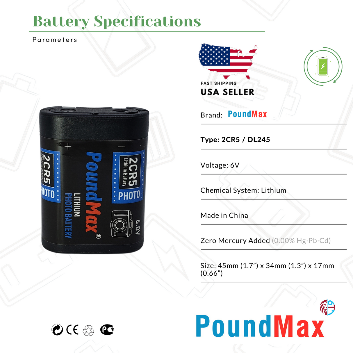 PoundMax 2CR5 / DL245 Batteries 6v Photo Lithium Battery