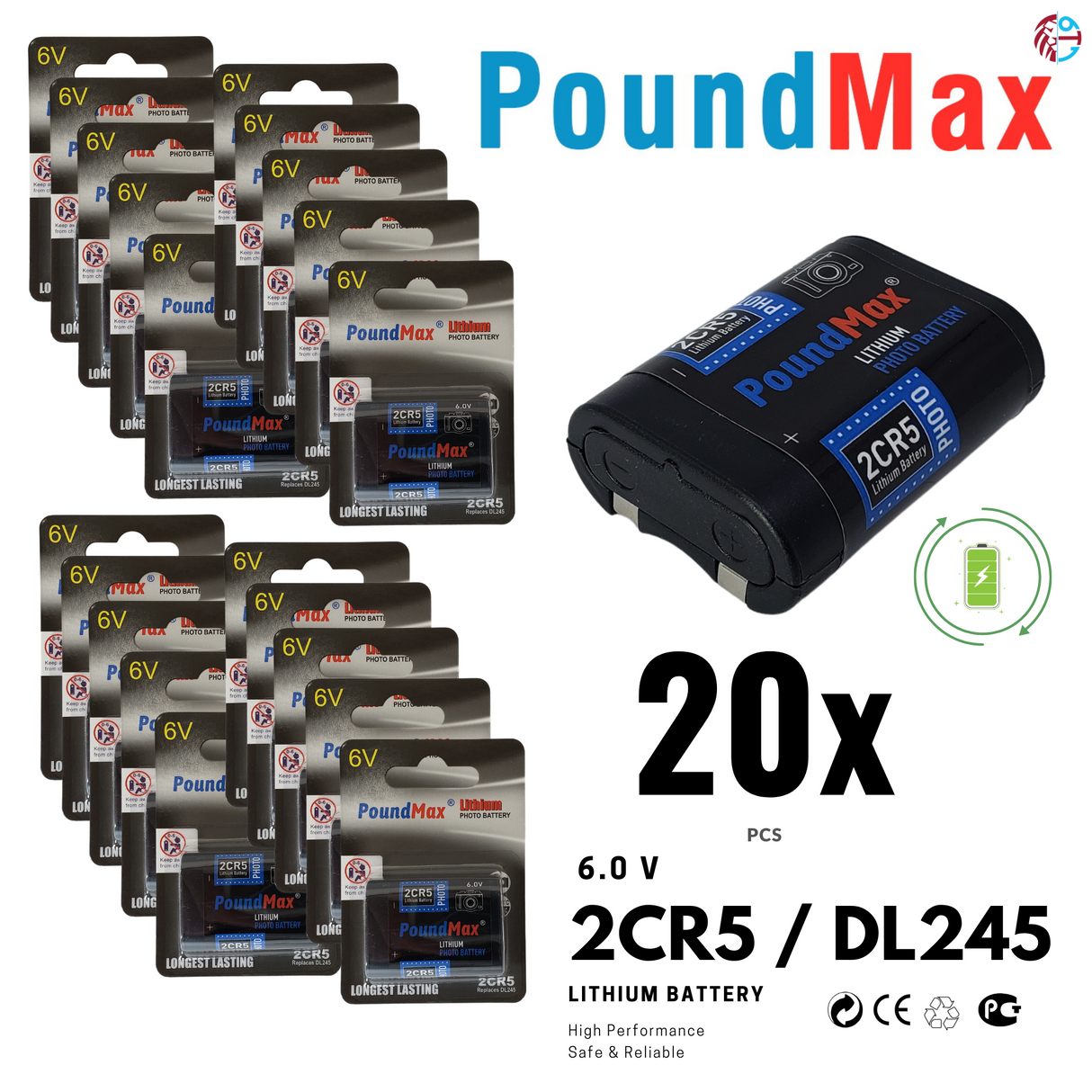 PoundMax 2CR5 / DL245 Batteries 6v Photo Lithium Battery