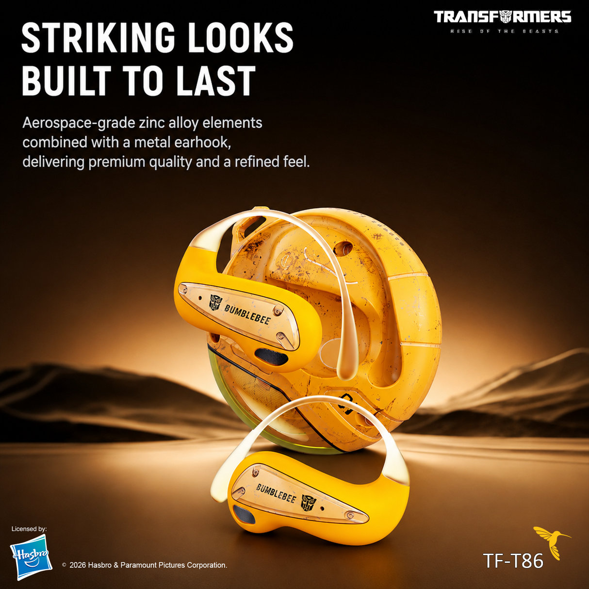 Transformers Flux T86 Ear-Hook Bluetooth Wireless Earbuds, Heavy-Duty Zinc Alloy Armor Charging Case, 14.2mm Hi-Fi Drivers, Built-in Mic