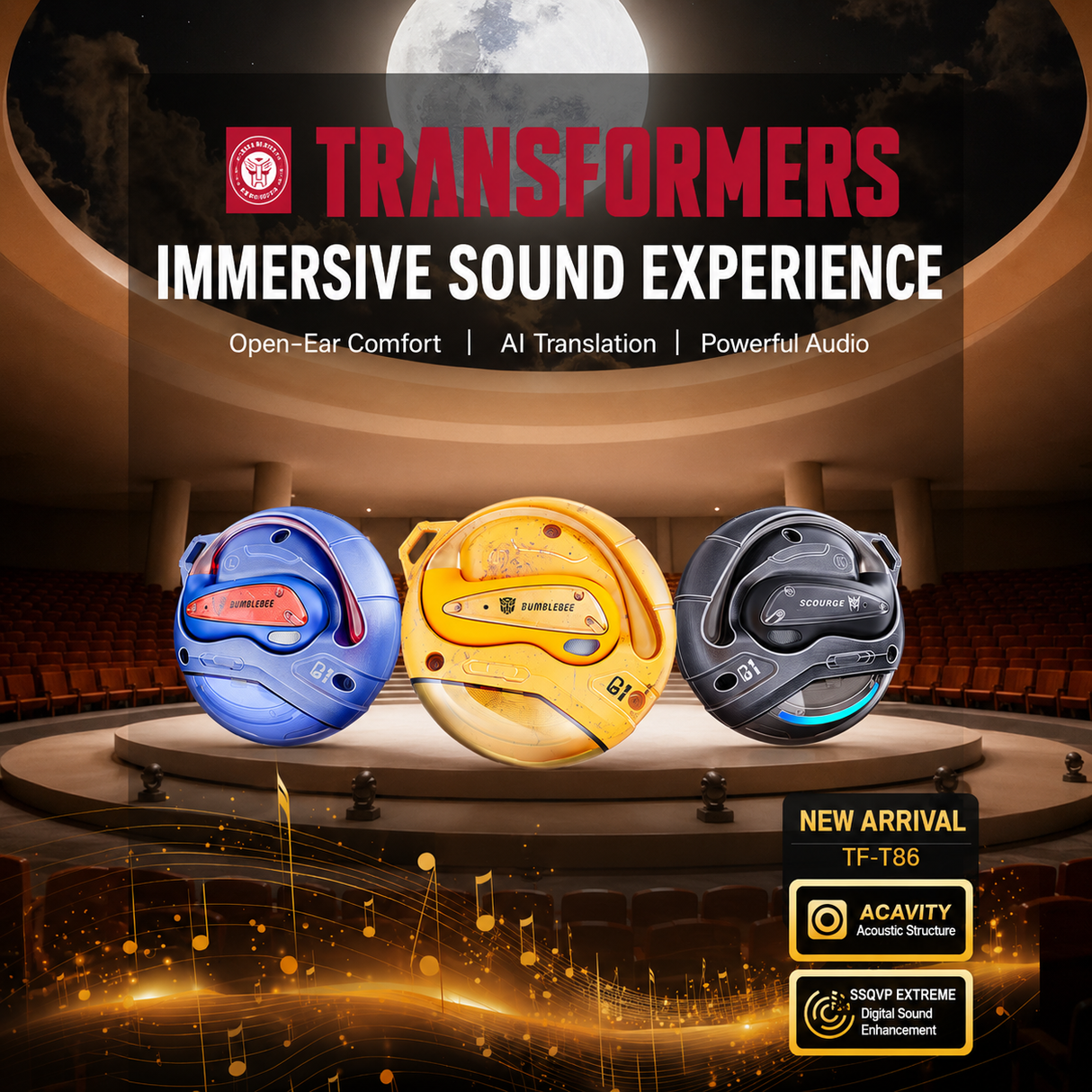 Transformers Flux T86 Ear-Hook Bluetooth Wireless Earbuds, Heavy-Duty Zinc Alloy Armor Charging Case, 14.2mm Hi-Fi Drivers, Built-in Mic