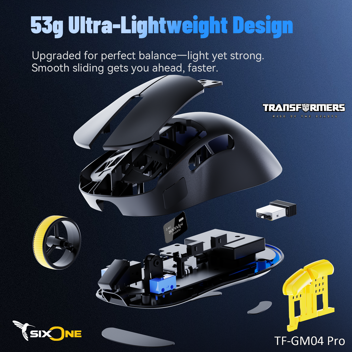 Transformers Autobots TF-GM04 Pro Wireless Esports Gaming Mouse, 53g Ultra-Light, Tri-Mode Bluetooth/2.4GHz/Wired - 24000 DPI RGB 6 Buttons