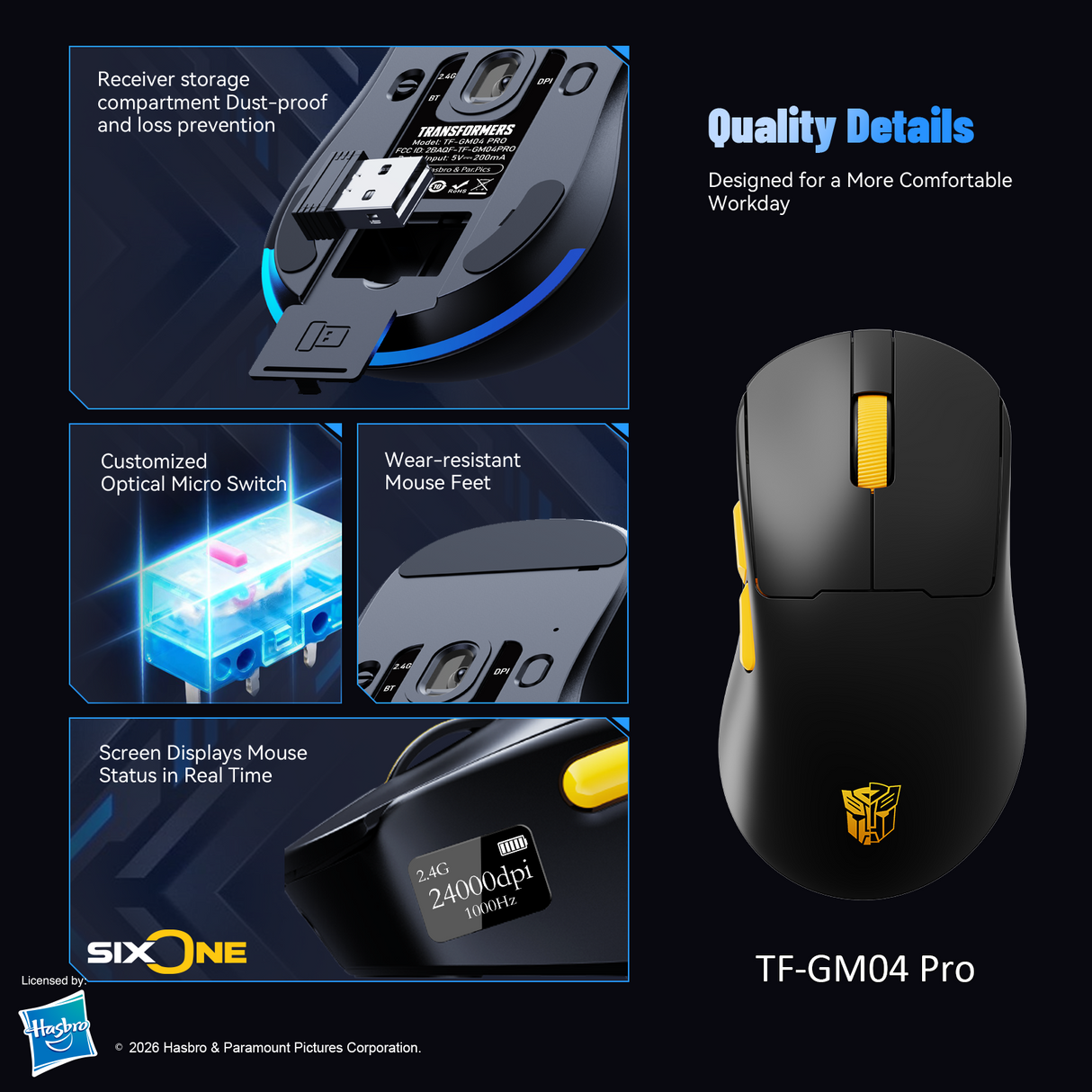 Transformers Autobots TF-GM04 Pro Wireless Esports Gaming Mouse, 53g Ultra-Light, Tri-Mode Bluetooth/2.4GHz/Wired - 24000 DPI RGB 6 Buttons