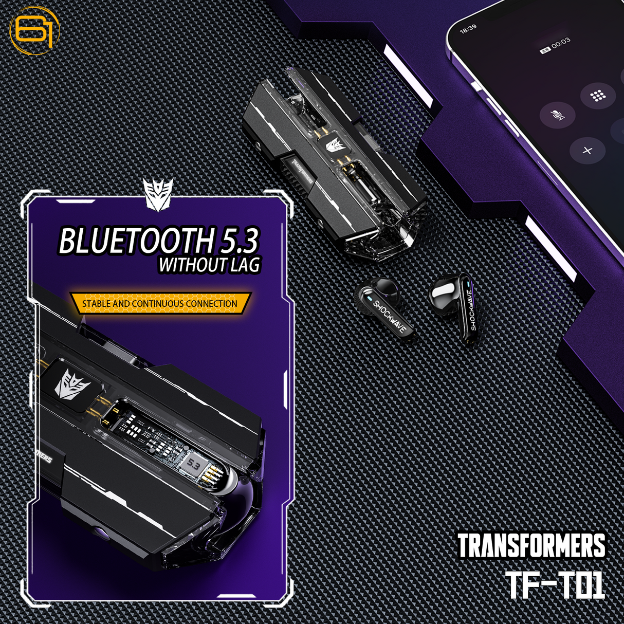 Transformers TF-T01 True Wireless Earbuds Wireless Bluetooth 5.4 Ear Buds Deep Bass Sound Earbud with Smart Noise Cancelling Mic IPX5 Waterproof in Ear Earphones for Android iOS Blue