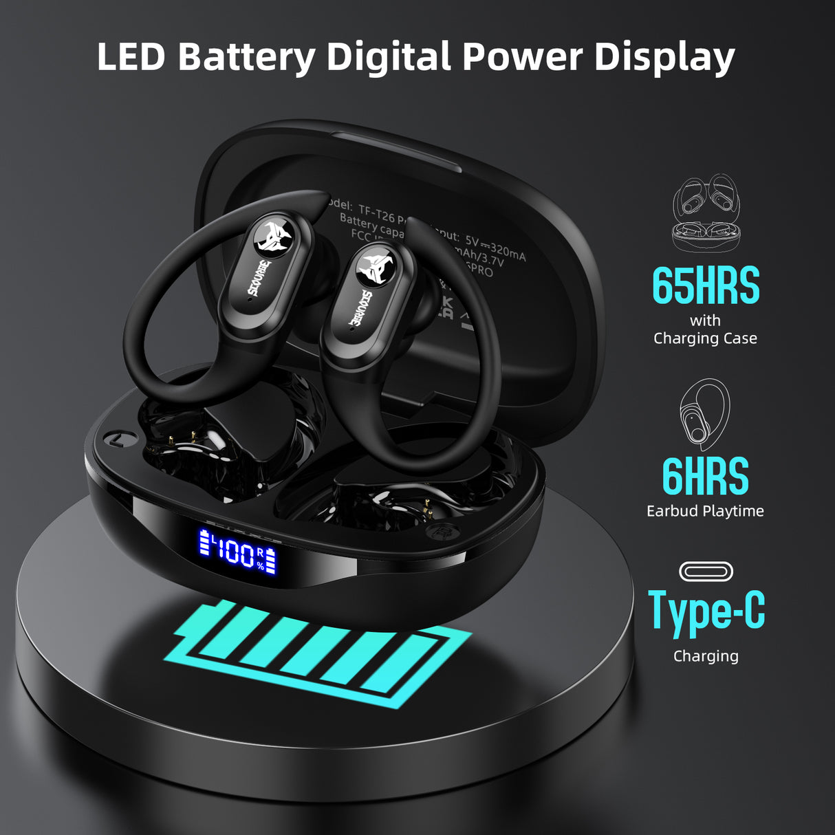 Transformers TF-T26 Pro Over The Ear Earbuds Wireless Bluetooth 5.4 Ear Buds with Earhooks 65H Playtimes Deep Bass Sound IPX5 Mic IPX5 Waterproof Earphones for Sport/Workout