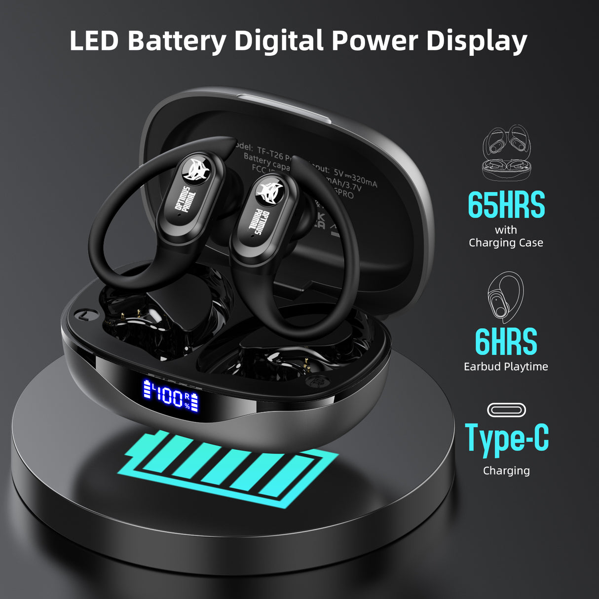 Transformers TF-T26 Pro Over The Ear Earbuds Wireless Bluetooth 5.4 Ear Buds with Earhooks 65H Playtimes Deep Bass Sound IPX5 Mic IPX5 Waterproof Earphones for Sport/Workout