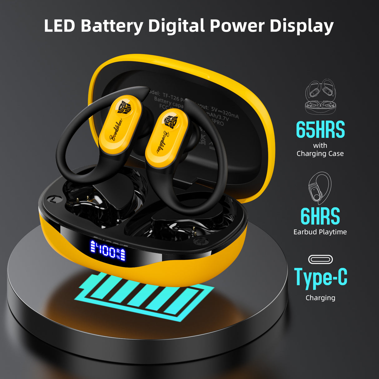 Transformers TF-T26 Pro Over The Ear Earbuds Wireless Bluetooth 5.4 Ear Buds with Earhooks 65H Playtimes Deep Bass Sound IPX5 Mic IPX5 Waterproof Earphones for Sport/Workout