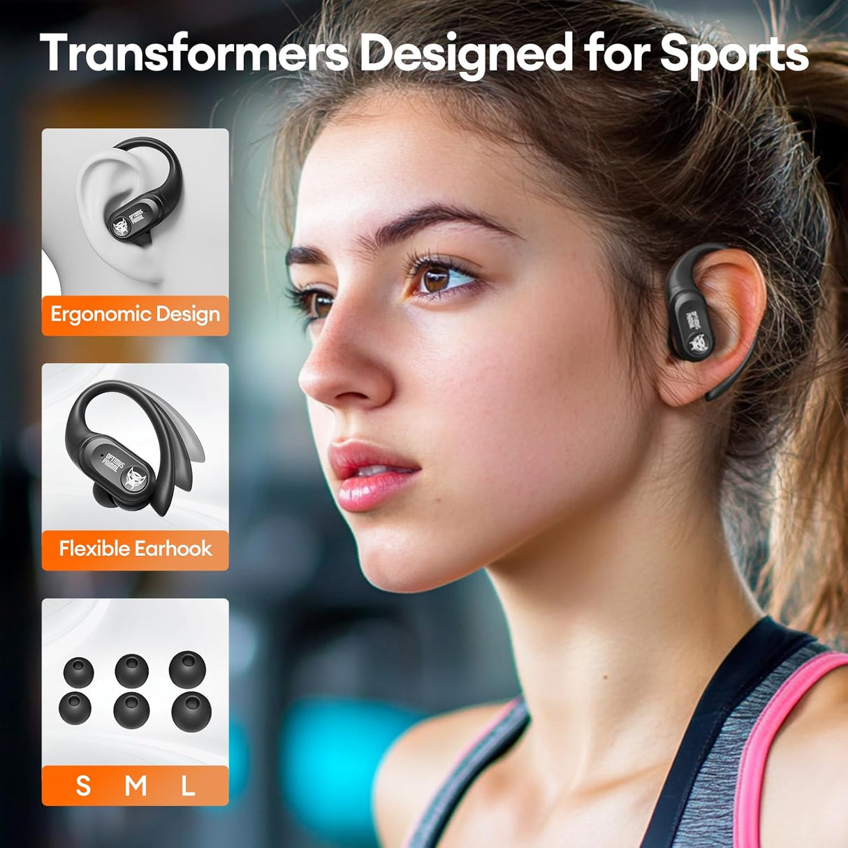 Transformers TF-T26 Pro Over The Ear Earbuds Wireless Bluetooth 5.4 Ear Buds with Earhooks 65H Playtimes Deep Bass Sound IPX5 Mic IPX5 Waterproof Earphones for Sport/Workout