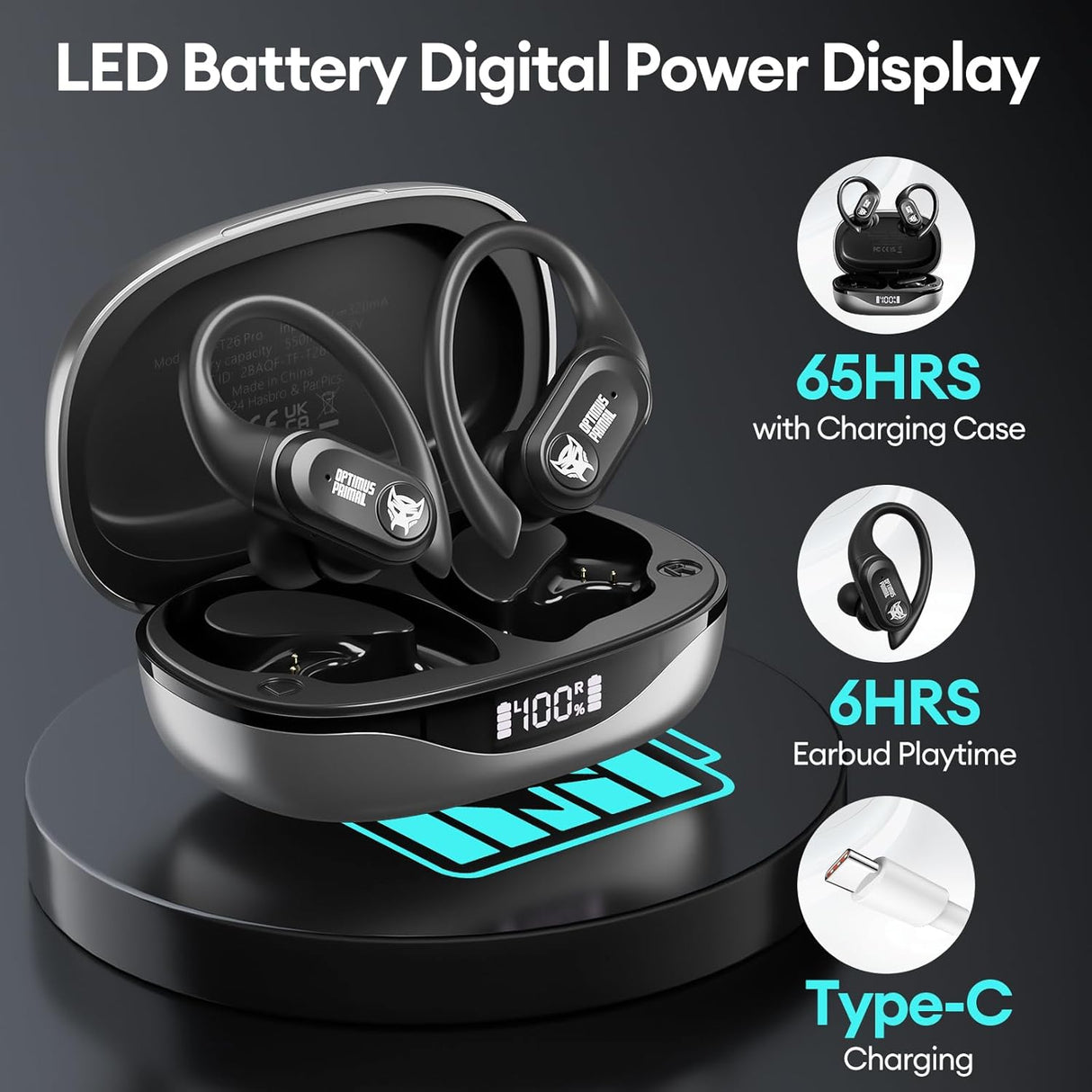 Transformers TF-T26 Pro Over The Ear Earbuds Wireless Bluetooth 5.4 Ear Buds with Earhooks 65H Playtimes Deep Bass Sound IPX5 Mic IPX5 Waterproof Earphones for Sport/Workout
