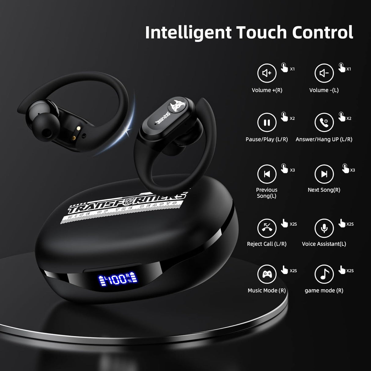Transformers TF-T26 Pro Over The Ear Earbuds Wireless Bluetooth 5.4 Ear Buds with Earhooks 65H Playtimes Deep Bass Sound IPX5 Mic IPX5 Waterproof Earphones for Sport/Workout