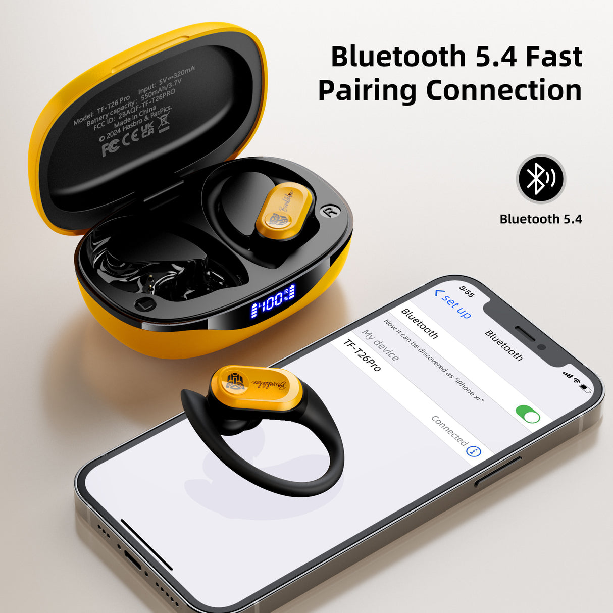 Transformers TF-T26 Pro Over The Ear Earbuds Wireless Bluetooth 5.4 Ear Buds with Earhooks 65H Playtimes Deep Bass Sound IPX5 Mic IPX5 Waterproof Earphones for Sport/Workout