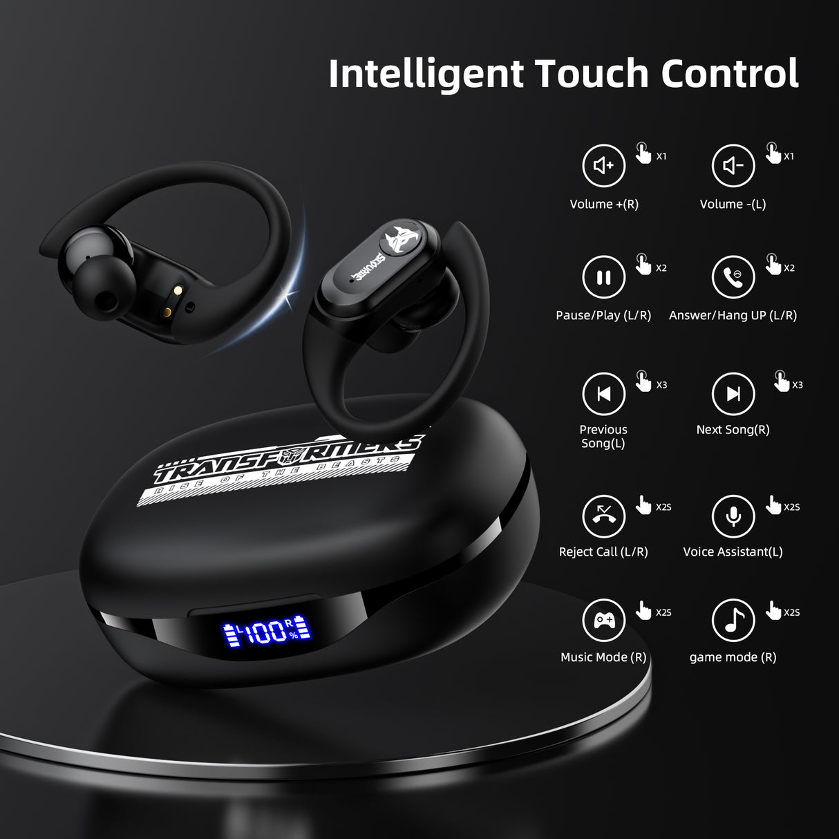 Transformers TF-T26 Pro Over The Ear Earbuds Wireless Bluetooth 5.4 Ear Buds with Earhooks 65H Playtimes Deep Bass Sound IPX5 Mic IPX5 Waterproof Earphones for Sport/Workout