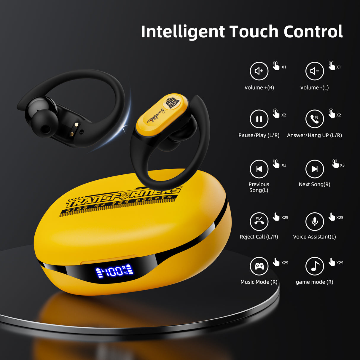 Transformers TF-T26 Pro Over The Ear Earbuds Wireless Bluetooth 5.4 Ear Buds with Earhooks 65H Playtimes Deep Bass Sound IPX5 Mic IPX5 Waterproof Earphones for Sport/Workout