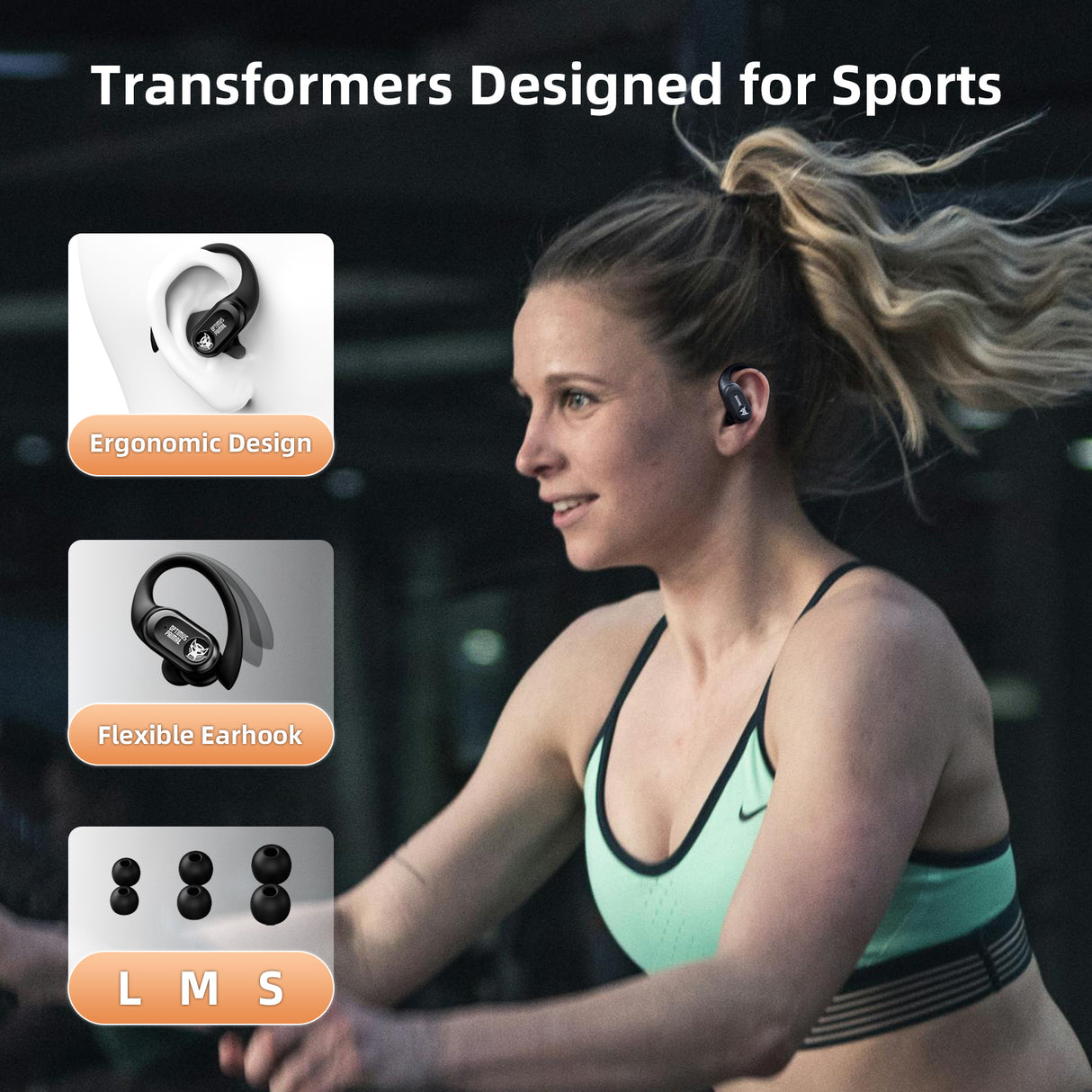 Transformers TF-T26 Pro Over The Ear Earbuds Wireless Bluetooth 5.4 Ear Buds with Earhooks 65H Playtimes Deep Bass Sound IPX5 Mic IPX5 Waterproof Earphones for Sport/Workout