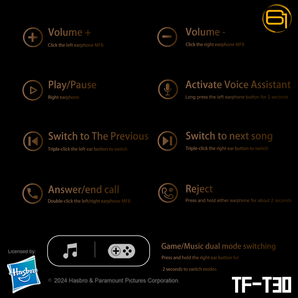 Transformers TF-T30 Bluetooth TWS Wireless Earbuds with Energy Core Design Passive Noise Cancelling Semi-in-Ear Cool HiFi HD Calling Music Game Modes Low Latency Sports Earphones