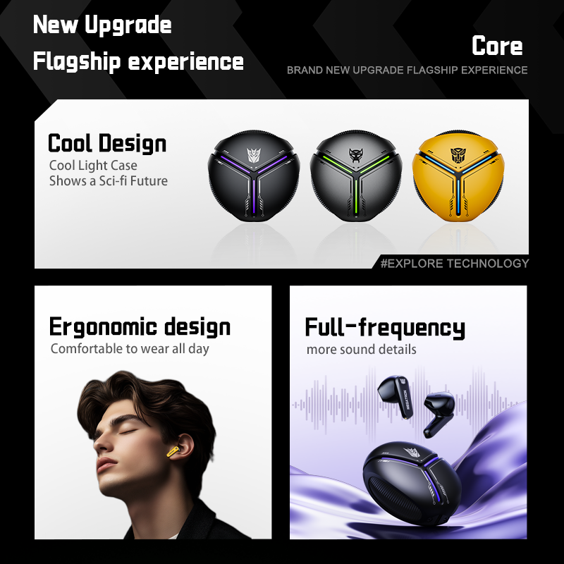 Transformers TF-T30 Bluetooth TWS Wireless Earbuds with Energy Core Design Passive Noise Cancelling Semi-in-Ear Cool HiFi HD Calling Music Game Modes Low Latency Sports Earphones