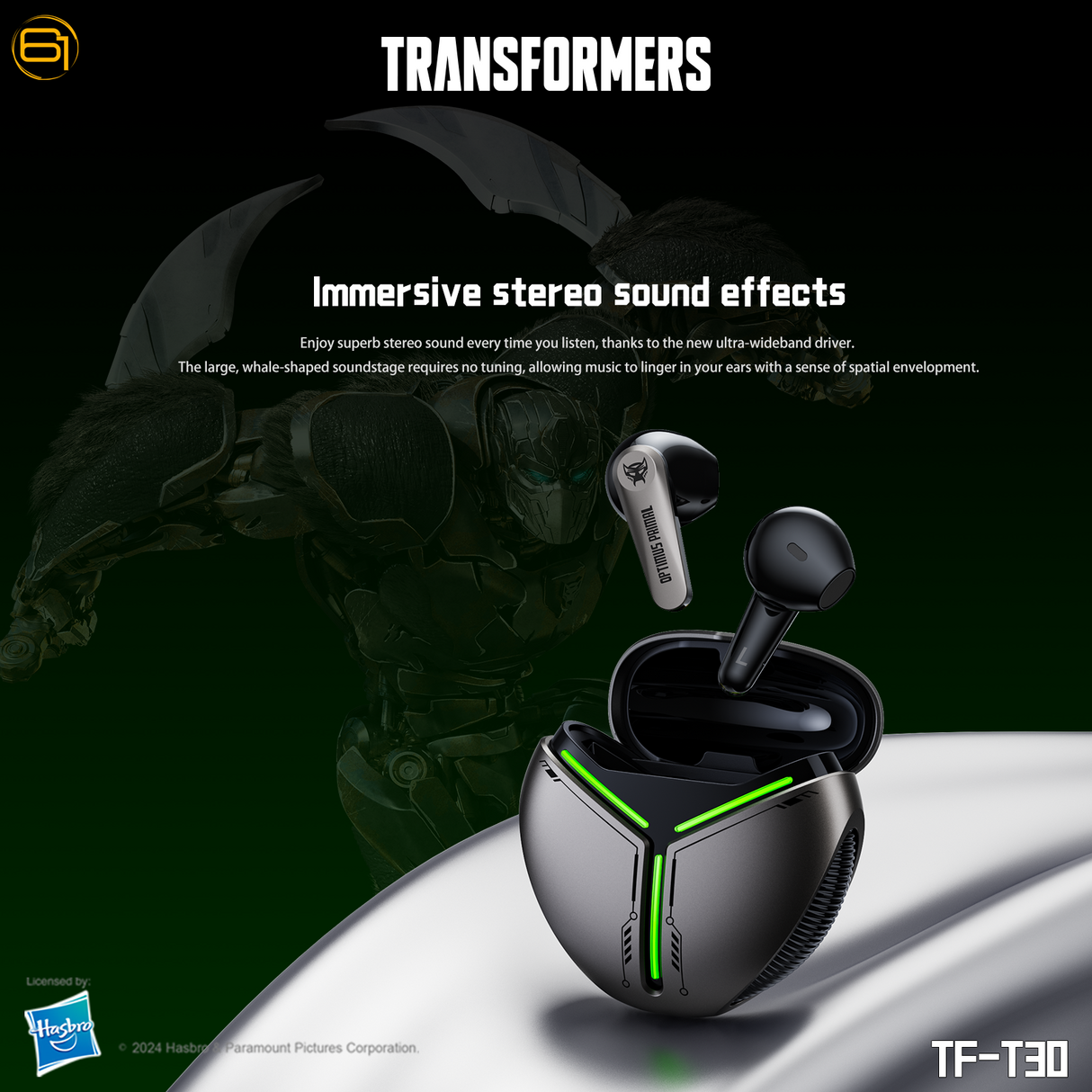 Transformers TF-T30 Bluetooth TWS Wireless Earbuds with Energy Core Design Passive Noise Cancelling Semi-in-Ear Cool HiFi HD Calling Music Game Modes Low Latency Sports Earphones